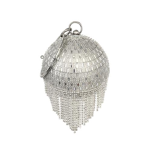 Metal & Satin Round Ball & Tassels Clutch Bag with rhinestone PC