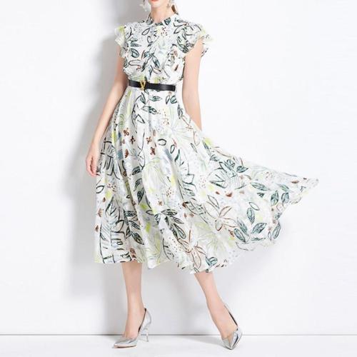 Chiffon Waist-controlled One-piece Dress slimming printed PC