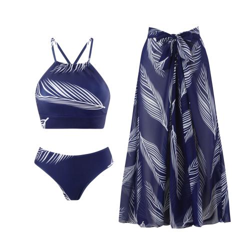 Polyester Tankinis Set & three piece & padded printed leaf pattern Set