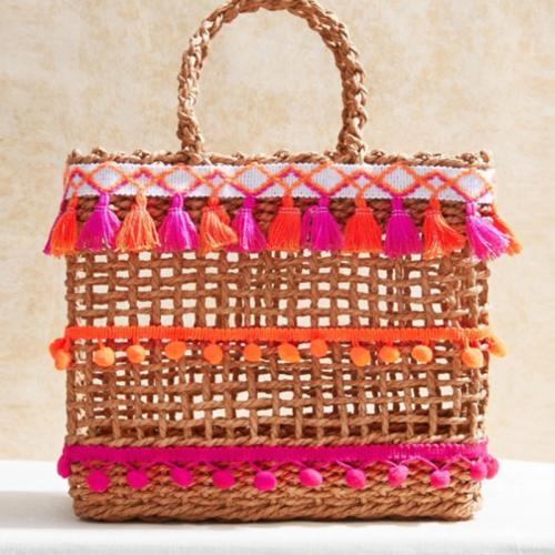 Paper Rope Handmade & Tassels Woven Tote hollow khaki PC