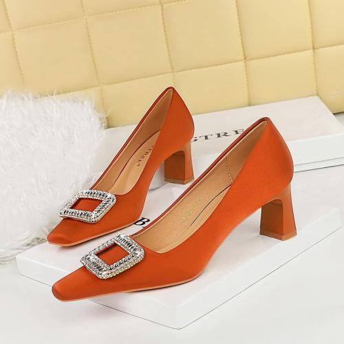 Silk & PU Leather chunky High-Heeled Shoes & anti-skidding & with rhinestone Solid Pair