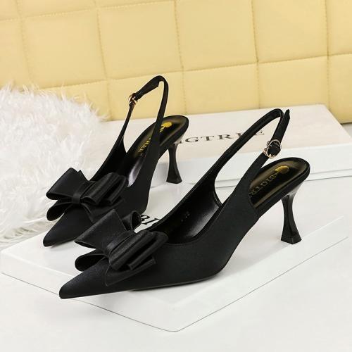 Silk & PU Leather with bowknot High-Heeled Shoes pointed toe Solid Pair