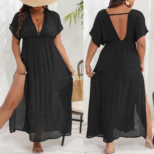 Polyester Plus Size Swimming Cover Ups deep V & side slit & loose black PC