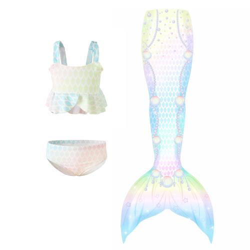 Polyester Children Mermail Swimming Suit & three piece printed white Set