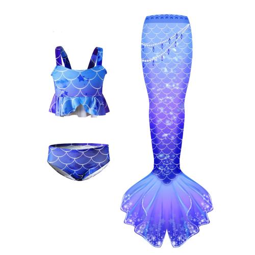 Polyester Children Mermail Swimming Suit & three piece printed blue Set