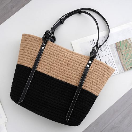 Cotton Cord & PU Leather Woven Tote large capacity Colour Matching black PC