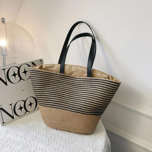 Straw Handmade Woven Shoulder Bag large capacity striped khaki PC