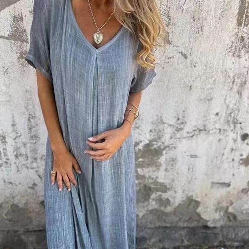 Cotton Linen Plus Size One-piece Dress mid-long style & loose Solid PC