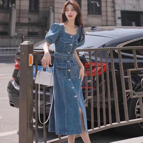 Denim Waist-controlled & front slit One-piece Dress Solid blue PC