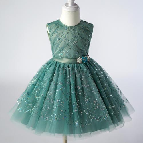 Paillettes & Gaze & Polyester Robe d’une seule pièce de fille Solide Vert pièce