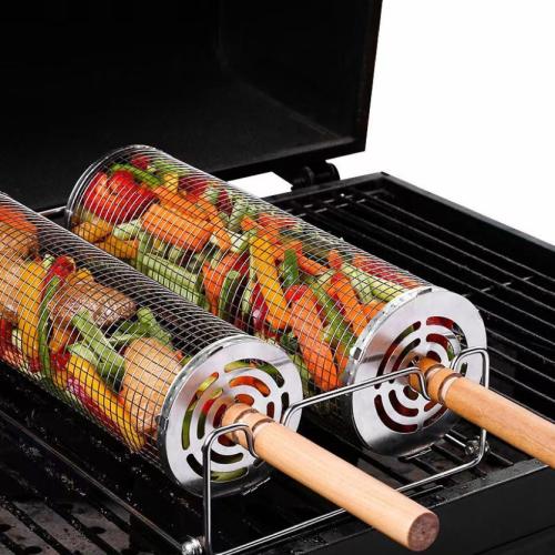 304 Stainless Steel & Wood Antirust Roast Grill Cage rotatable Set