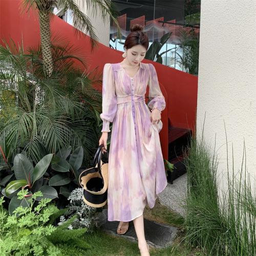 Chiffon High Waist One-piece Dress slimming Tie-dye mixed colors PC