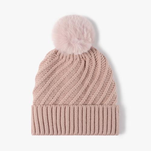 Acrylic Knitted Hat with fur ball & thermal jacquard Solid : PC