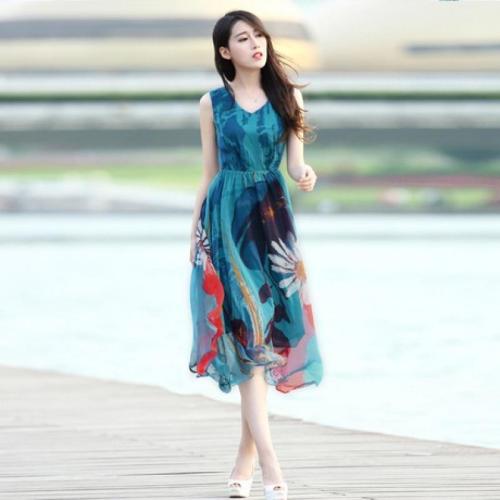 Polyester Slim One-piece Dress printed sky blue PC