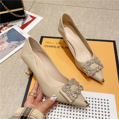 Microfiber PU Synthetic Leather Stiletto High-Heeled Shoes & with rhinestone Pair