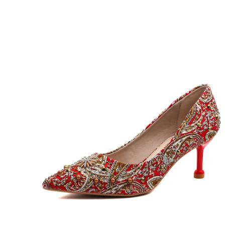 Denim Stiletto Bridal Shoes red Pair