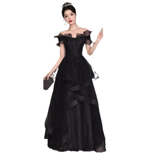 Polyester Plus Size Long Evening Dress & tube patchwork Solid black PC