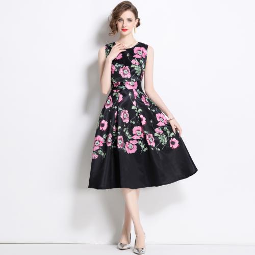 Poliéster Vestido de una pieza, impreso, floral, negro,  trozo