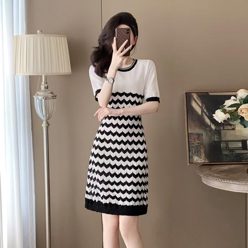 Polyester Slim One-piece Dress striped white PC