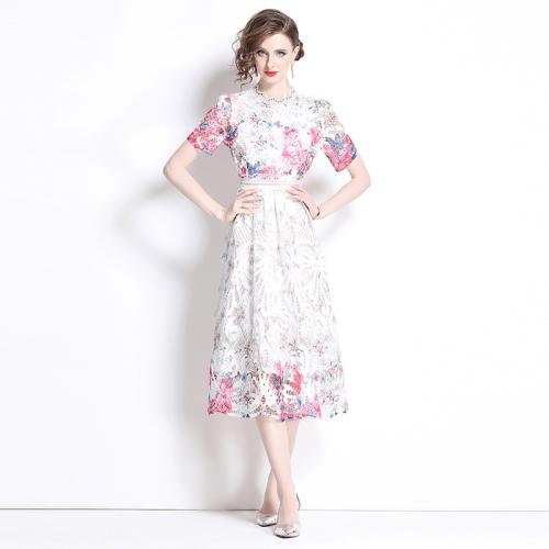 Lace & Polyester Waist-controlled One-piece Dress & hollow & breathable embroidered floral white PC