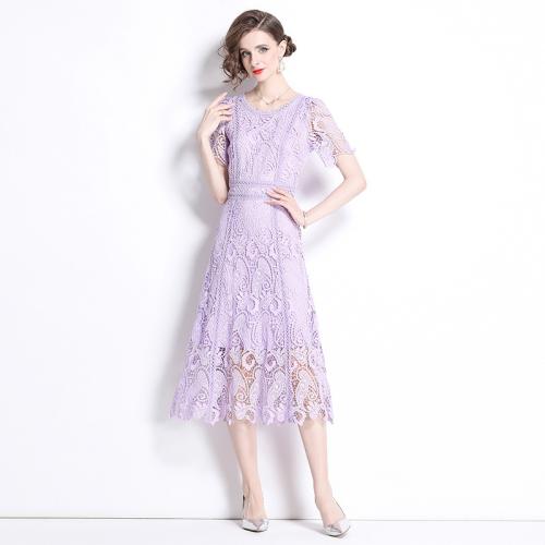 Lace & Polyester Waist-controlled One-piece Dress double layer & hollow embroidered purple PC