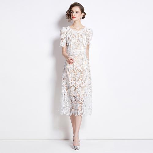 Lace & Polyester One-piece Dress see through look & slimming & hollow embroidered white PC