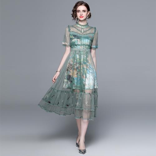 Gauze & Polyester One-piece Dress see through look & double layer printed green PC