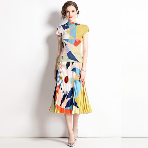 Polyester Pleated Two-Piece Dress Set & two piece & breathable printed Set