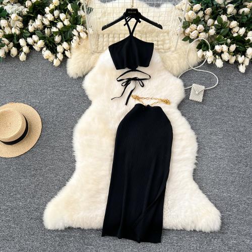 Polyester Slim Two-Piece Dress Set side slit : Set