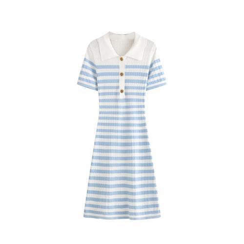 Polyester Slim One-piece Dress striped light blue PC