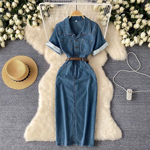 Polyester Slim One-piece Dress blue PC