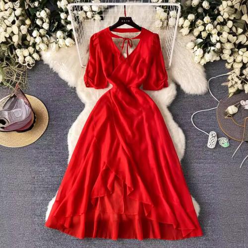 Polyester Slim One-piece Dress red PC