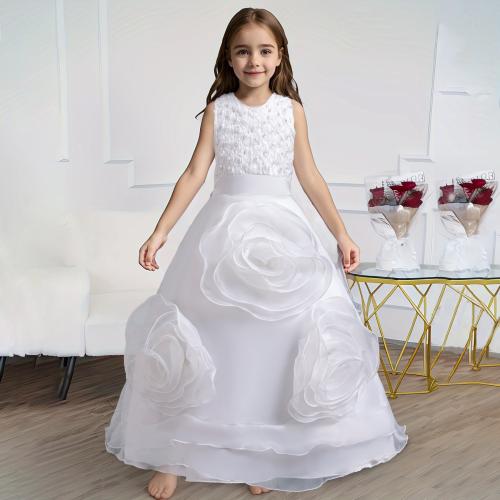 Organza & Polyester Princess Girl One-piece Dress large hem design & breathable Solid PC