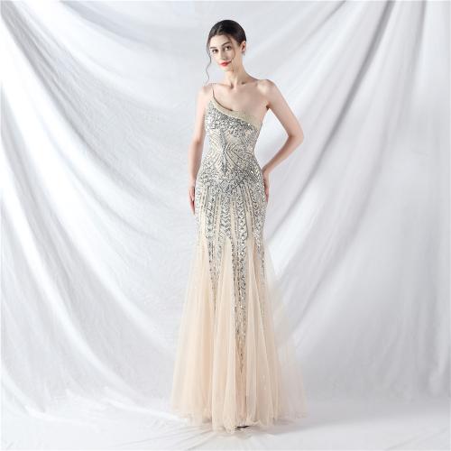 Sequin & Polyester floor-length Long Evening Dress backless & off shoulder Solid PC