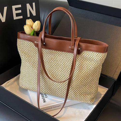 Straw Handmade Woven Shoulder Bag large capacity PU Leather & Polyester PC