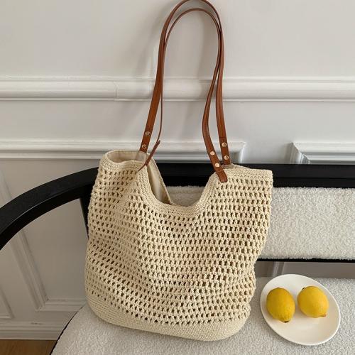 Paja & Cuero de la PU Bolsa de hombro tejida, beige,  trozo