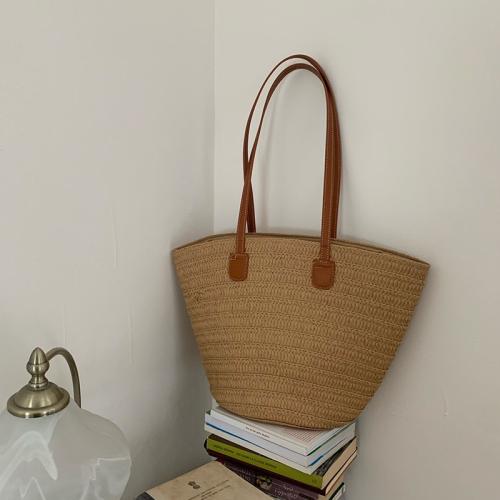 Stroh Gewebte Schultertasche,  Ungefüttert & PU Leder, Khaki,  Stück