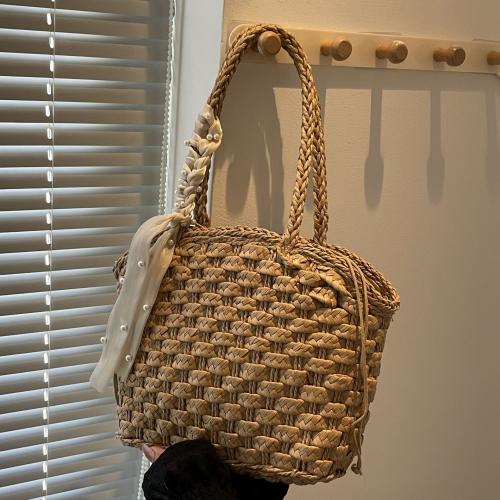 Straw with silk scarf & Handmade & Bucket Bag Woven Tote Polyester PC