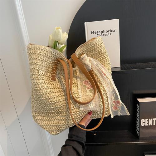 Straw Tote Bag & Handmade Woven Shoulder Bag large capacity Polyester Cotton & PU Leather PC