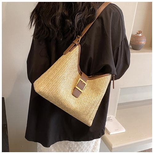 Straw Handmade Woven Shoulder Bag PU Leather & Nylon PC