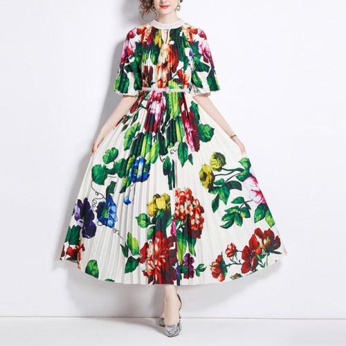 Chiffon Pleated One-piece Dress slimming printed : PC