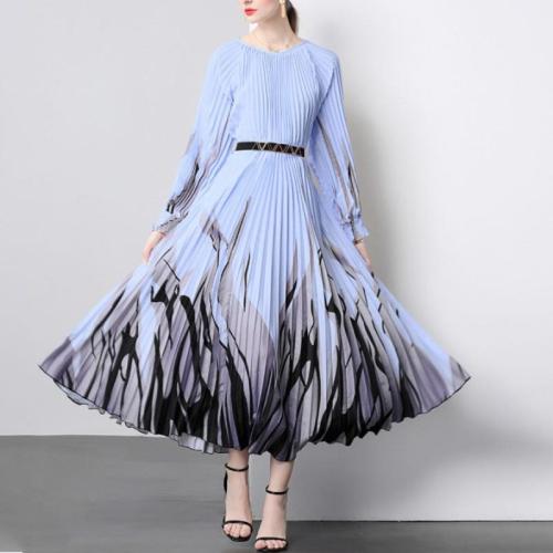 Polyester Pleated One-piece Dress slimming printed : PC