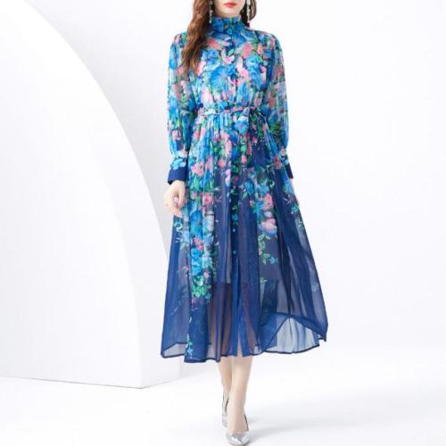 Jute One-piece Dress slimming printed deep blue PC