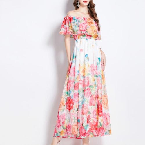 Chiffon One-piece Dress slimming & off shoulder printed PC