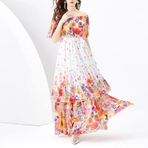 Polyester One-piece Dress slimming & off shoulder printed PC