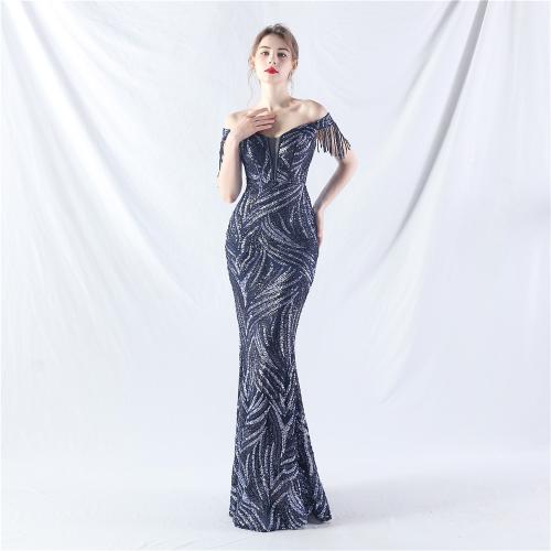 Sequin & Polyester Waist-controlled & Slim & Tassels Long Evening Dress & off shoulder PC