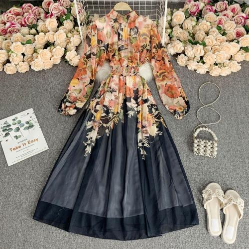 Polyester Einteiliges Kleid, Gedruckt, Floral, mehr Farben zur Auswahl, :,  Stück