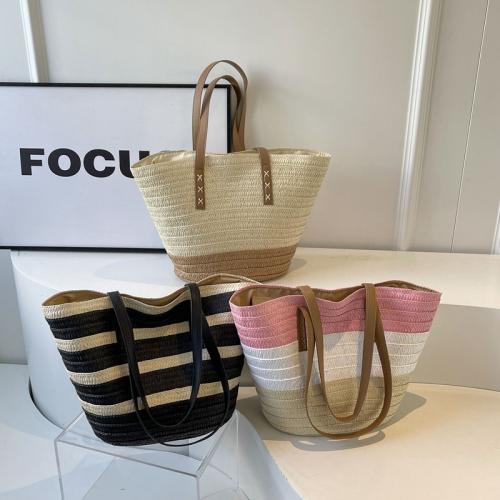 Straw Tote Bag & Handmade Woven Shoulder Bag large capacity Polyester Cotton & PU Leather PC