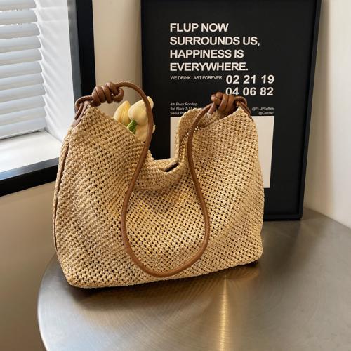 Straw Tote Bag & Handmade Woven Shoulder Bag large capacity Unlined & PU Leather PC