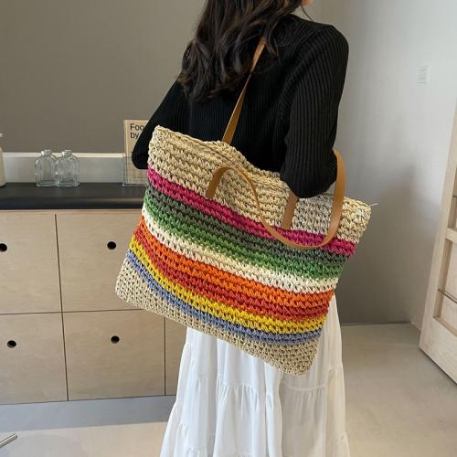 Straw & Cotton Tote Bag Woven Shoulder Bag large capacity PU Leather & Polyester striped PC